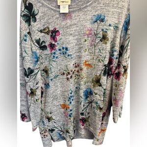 J. Bee XL Gray Floral Long Sleeve Soft Stretch Top